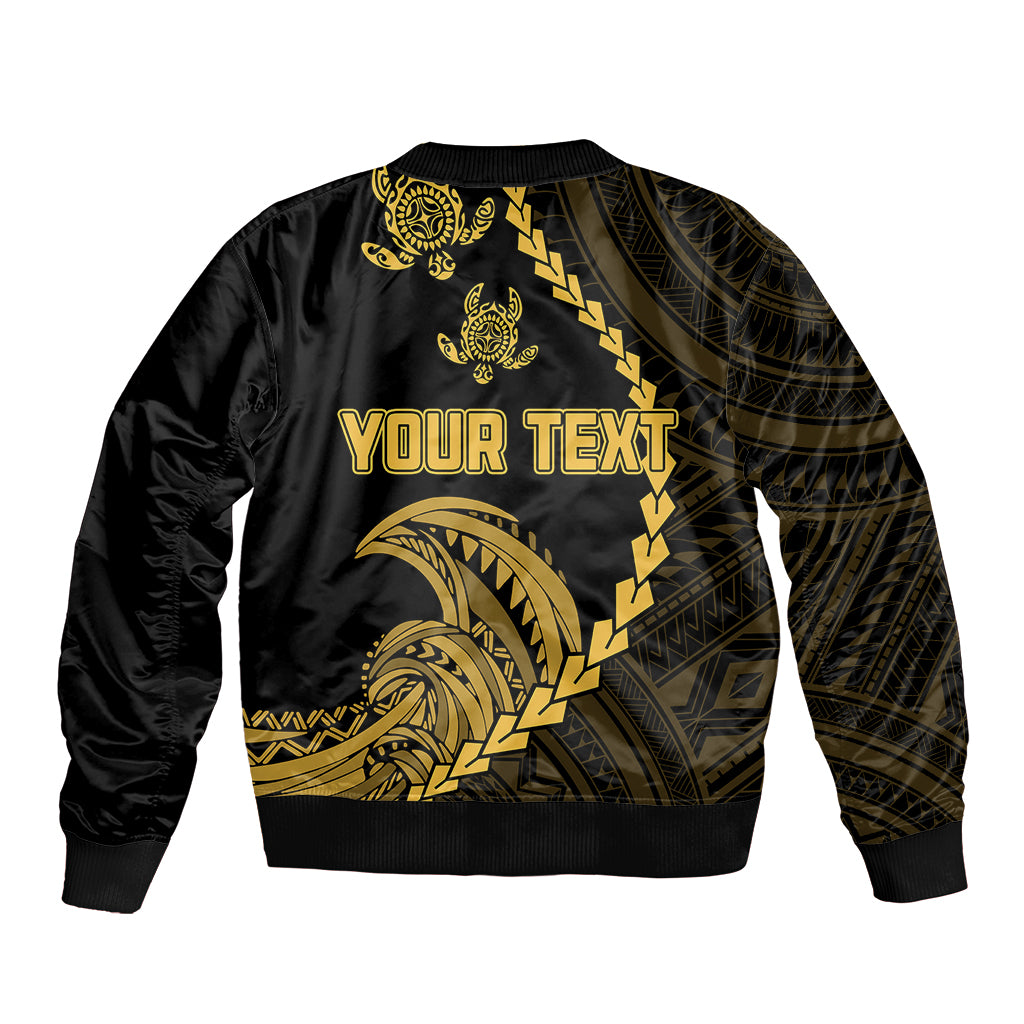 Black bomber jacket with gold tribal wave graphic and back text design, ribbed hem