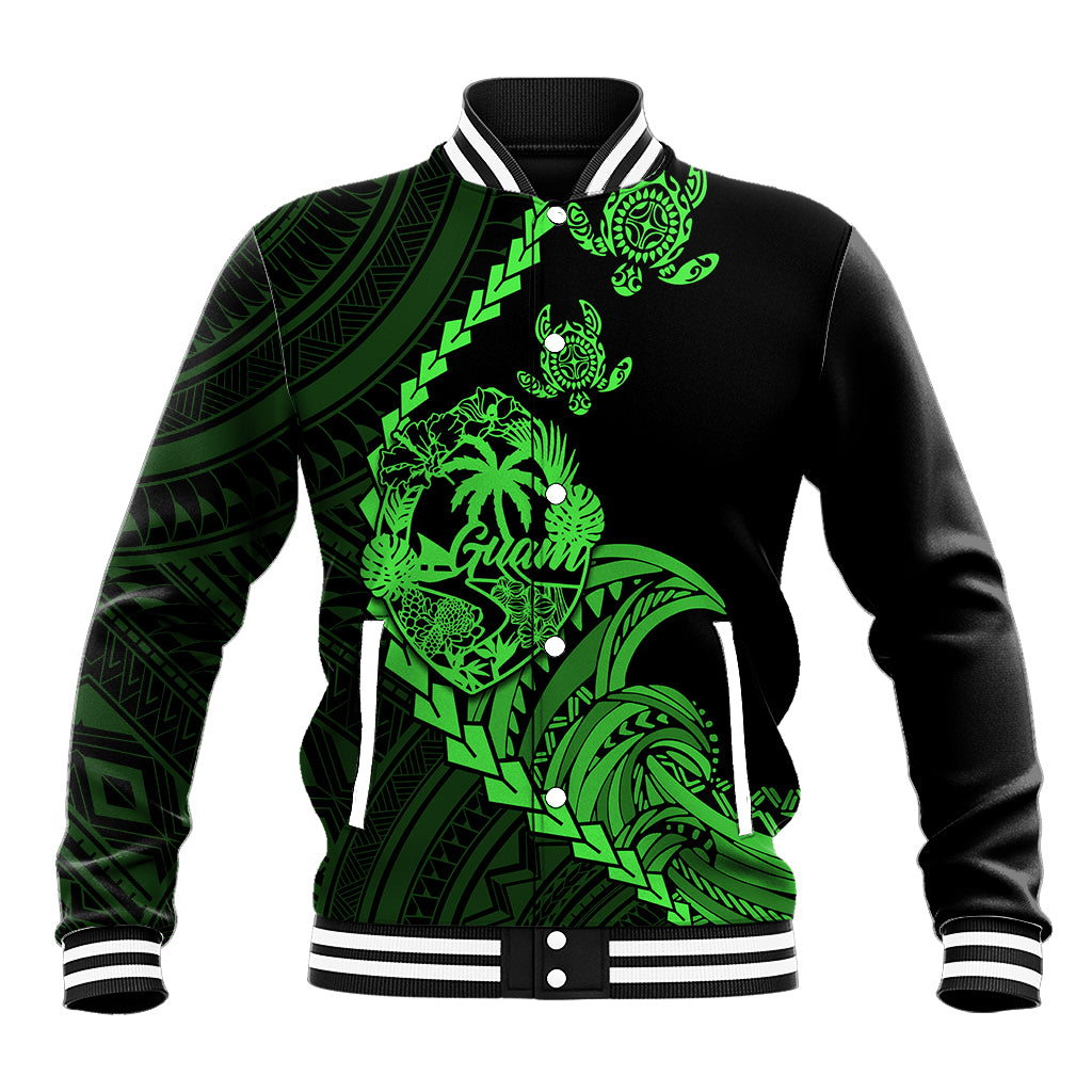 Green baseball jacket with black sleeves, ribbed collar, and neon turtle tribal graphic