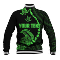 Black baseball jacket with neon green "YOUR TEXT" back print, striped cuffs, ribbed hem
