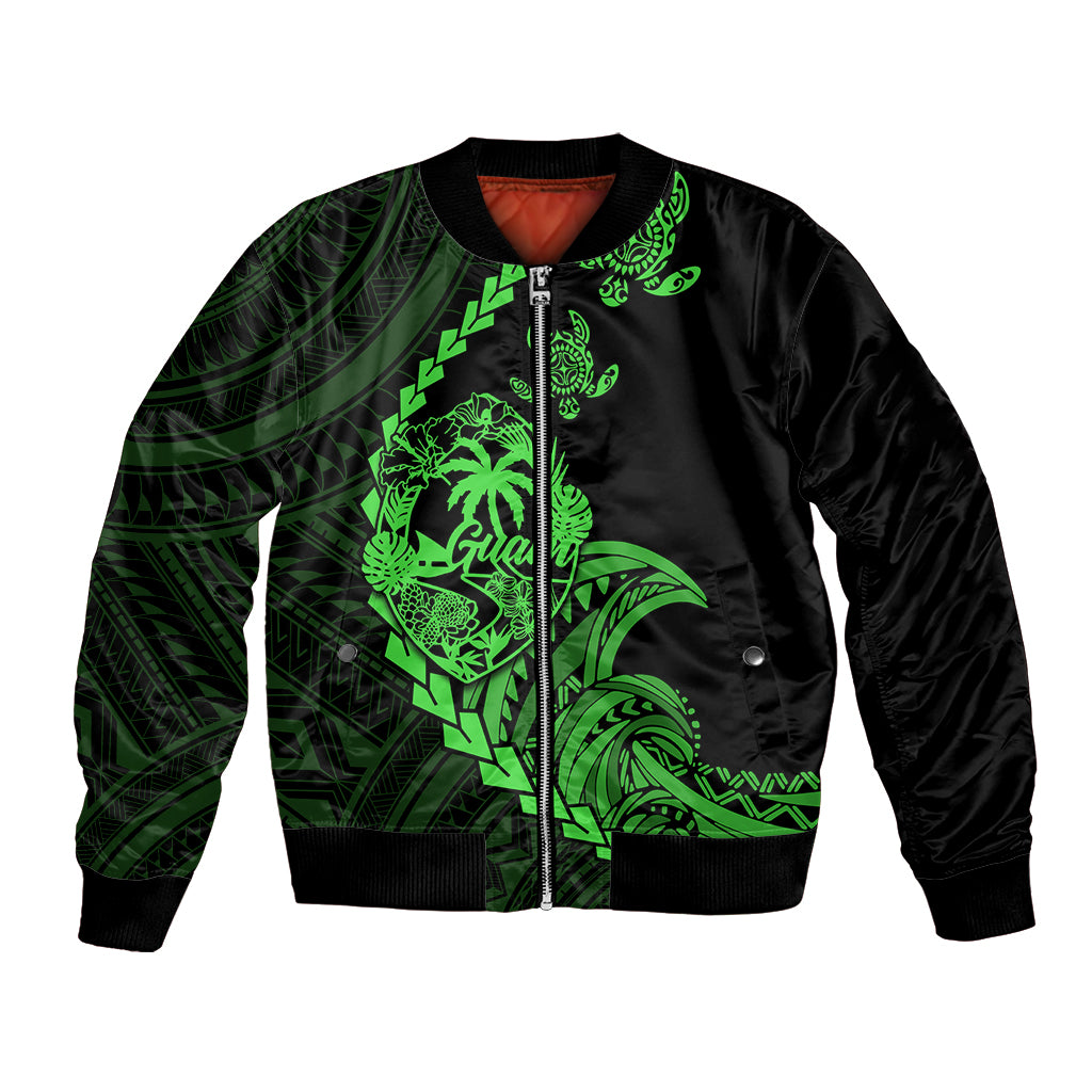 Green-and-black bomber jacket with full zip, ribbed cuffs, and tribal turtle print