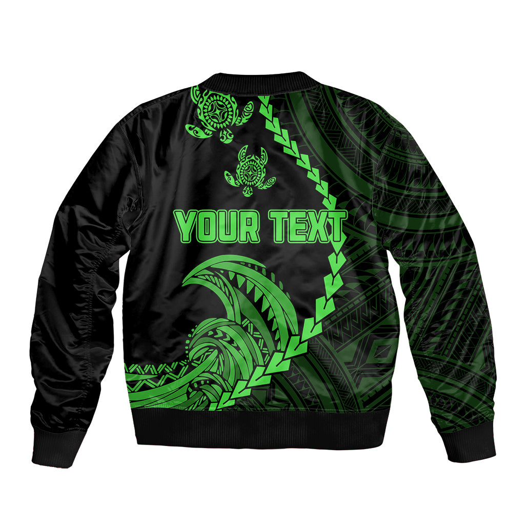 Black bomber jacket with green tribal design on back and ribbed hem