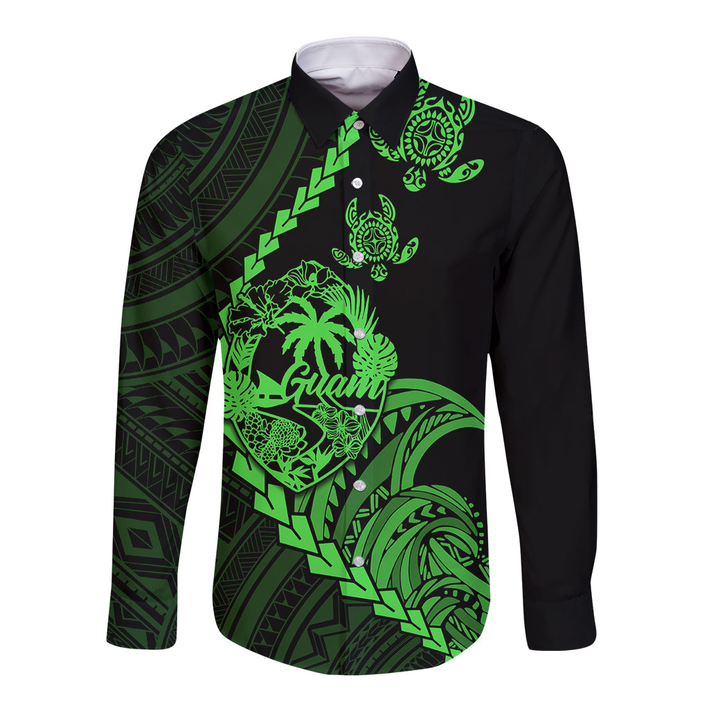 Long-sleeve button shirt with black base and green tribal turtle and leaf print