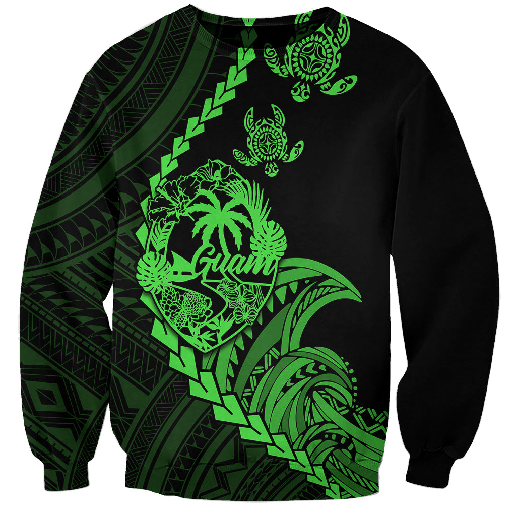 Black crewneck sweatshirt with green tribal turtle, palm, and patterned graphic print