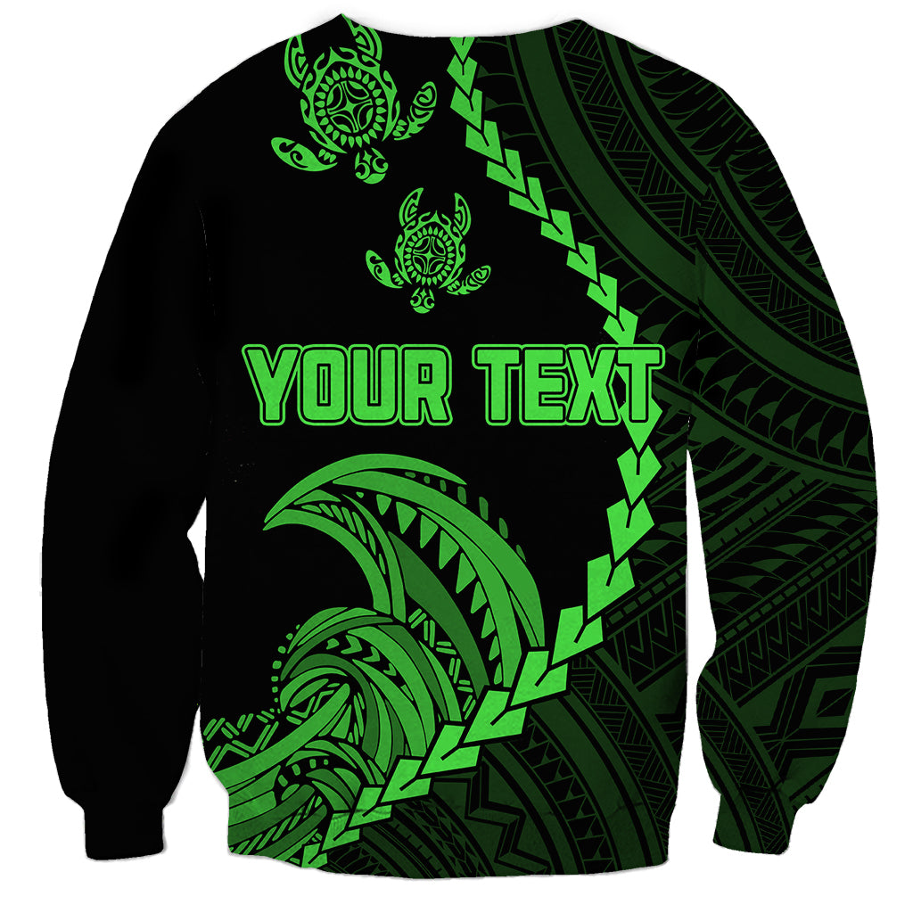 Black crewneck sweatshirt with green "YOUR TEXT" and tribal turtle/palm graphic