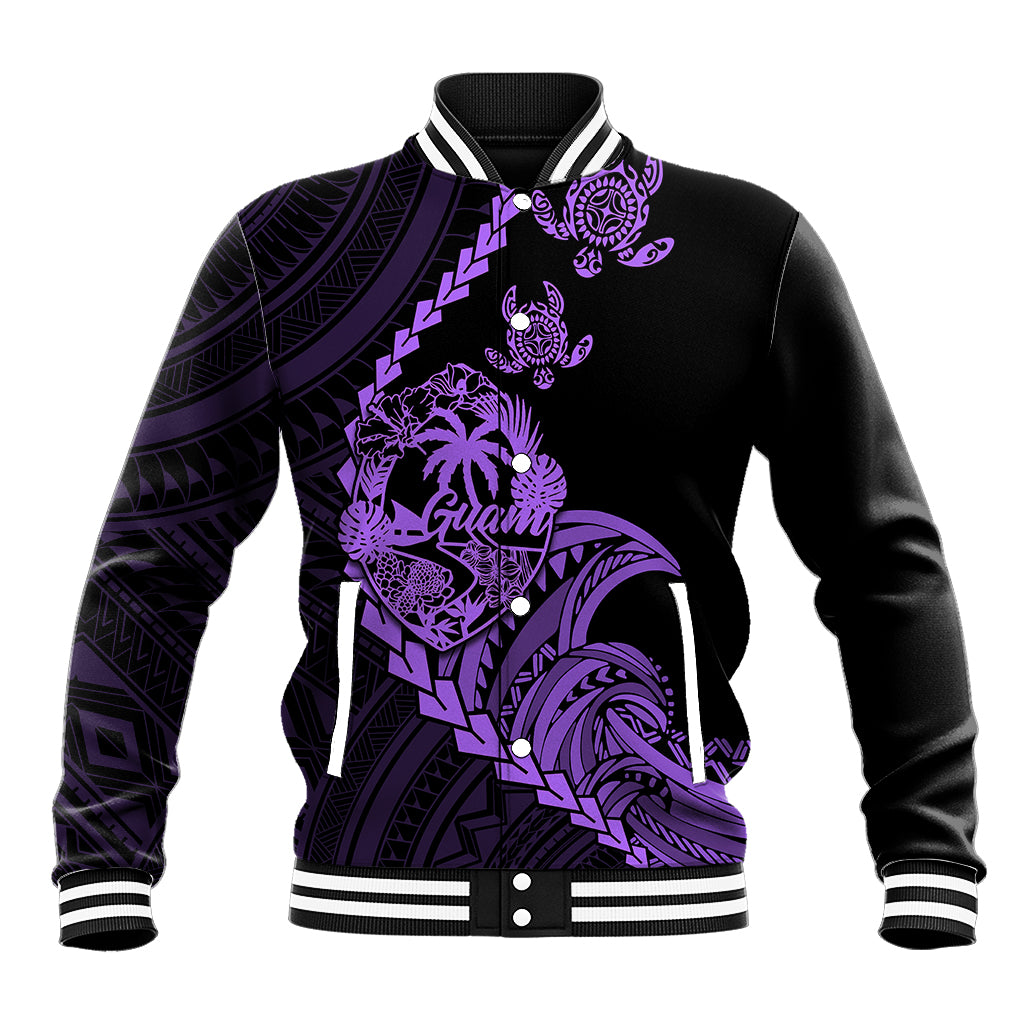 Purple baseball jacket with tribal turtle graphic, ribbed collar and cuffs