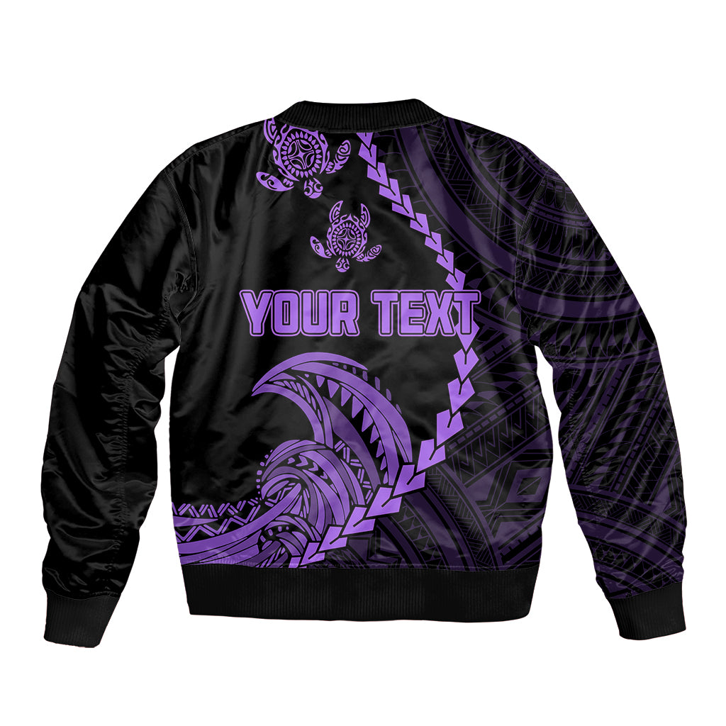 Black bomber jacket with purple geometric turtle graphic and 'YOUR TEXT' panel, ribbed hem