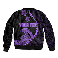 Black bomber jacket with purple geometric turtle graphic and 'YOUR TEXT' panel, ribbed hem