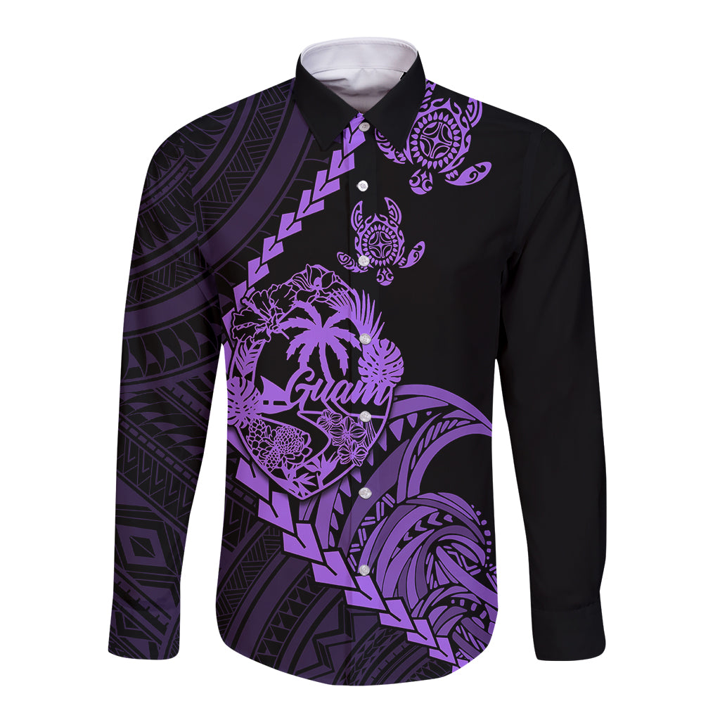 Long-sleeve button-up shirt, black with purple Guam/Turtle graphic on front
