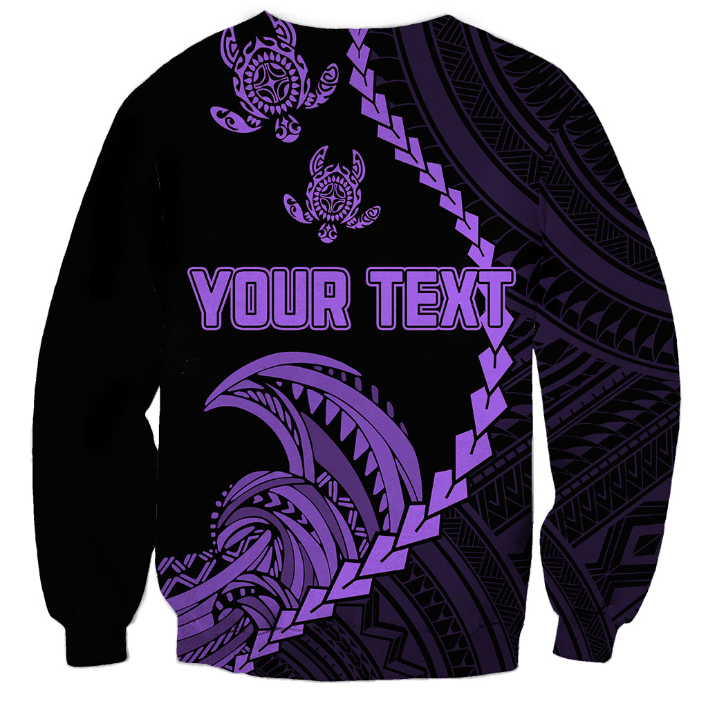 Black sweatshirt with purple tribal print and 'YOUR TEXT' panel, long sleeves