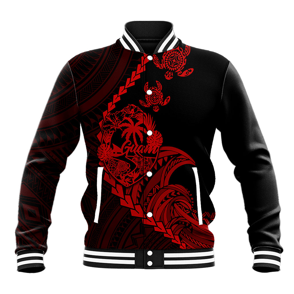 Baseball jacket with black body, red tribal turtle print, striped collar and cuffs