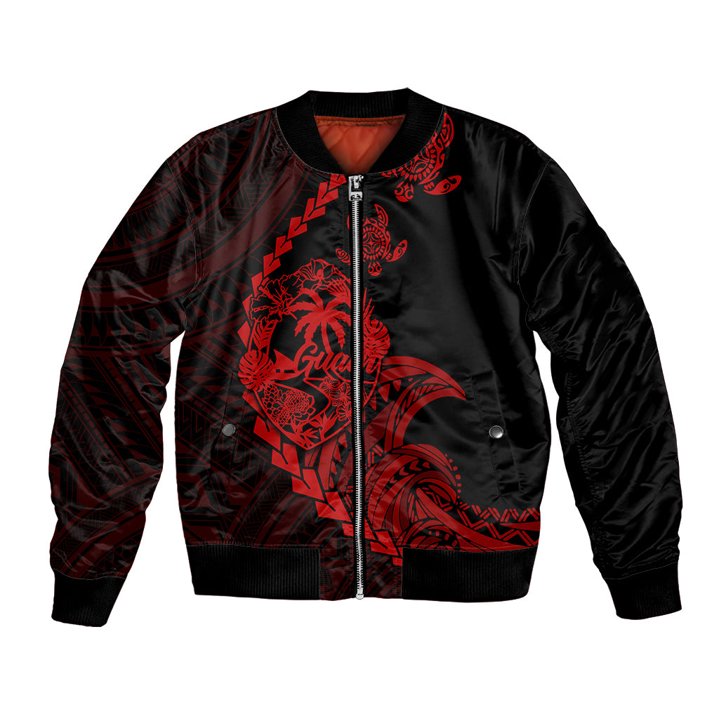 Black bomber jacket with red tribal turtle graphic and front zip closure.