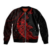 Black bomber jacket with red tribal turtle graphic and front zip closure.