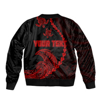 Black bomber jacket with red tribal turtle graphic and “YOUR TEXT” print.