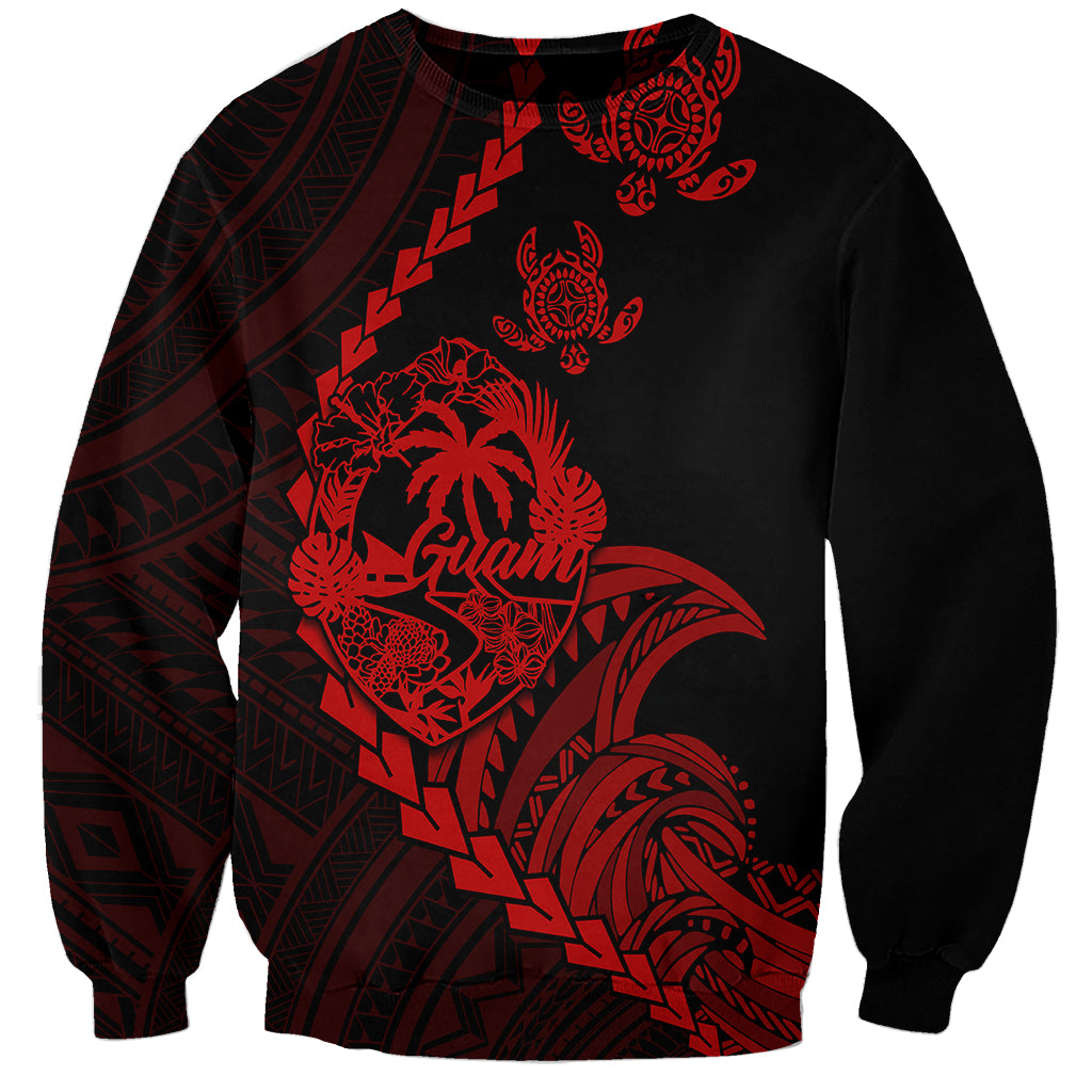 Unisex dark sweatshirt with red Guam-style tribal turtle graphic on front