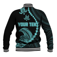 Black baseball jacket back with turquoise tribal turtle design and 'YOUR TEXT' print