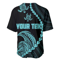 Baseball jersey back with turquoise 'YOUR TEXT' and tribal turtle and leaf graphics
