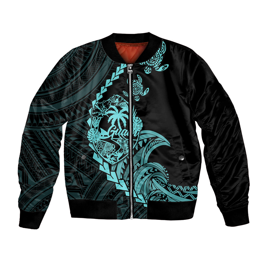 Black bomber jacket with turquoise tribal turtle graphic, front zip and ribbed collar