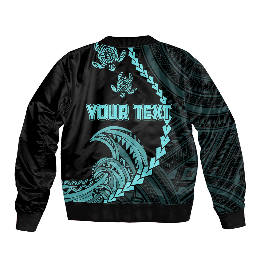 Black bomber jacket with turquoise wave and turtle print, 'YOUR TEXT' graphic