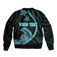 Black bomber jacket with turquoise wave and turtle print, 'YOUR TEXT' graphic