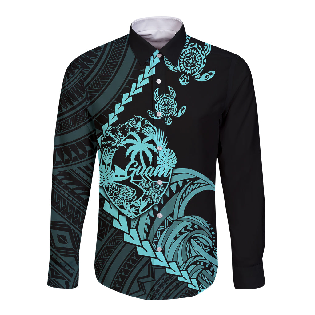 Long sleeve button shirt with turquoise and black tribal turtle print, pointed collar