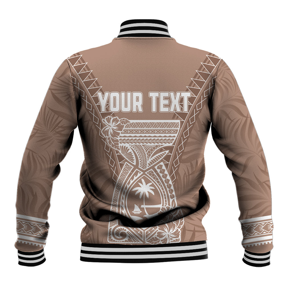 Brown unisex baseball jacket back with 'YOUR TEXT' and tribal white print, striped cuffs.
