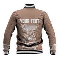 Brown unisex baseball jacket back with 'YOUR TEXT' and tribal white print, striped cuffs.