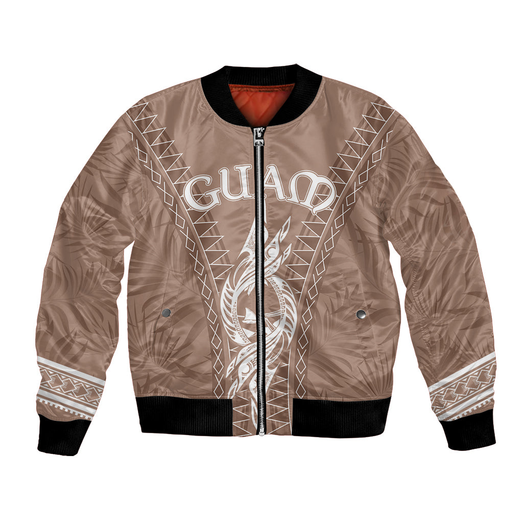 Brown bomber jacket with black ribbed collar, front zip, tribal seal graphic