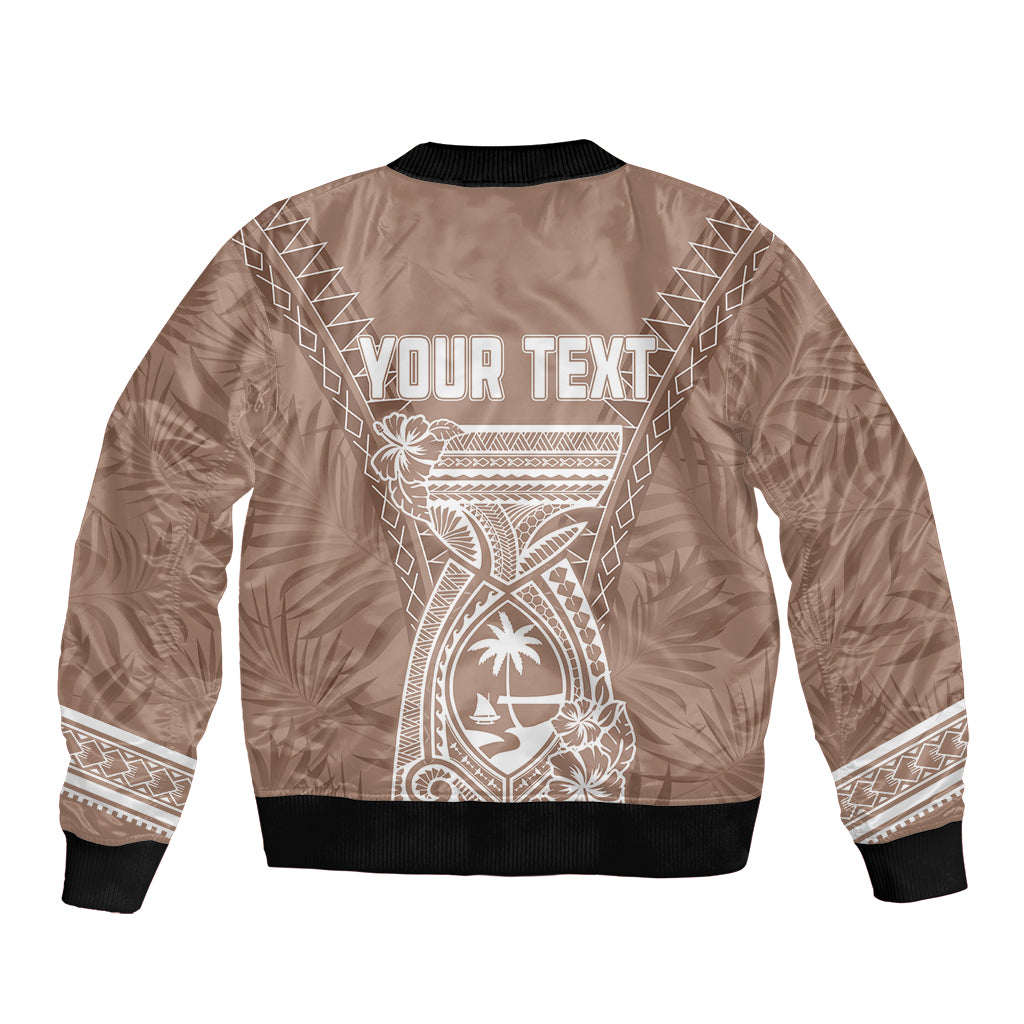 Brown bomber jacket back with 'YOUR TEXT' and tropical geometric seal print