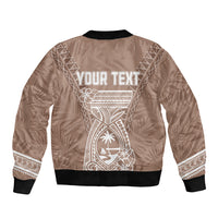 Brown bomber jacket back with 'YOUR TEXT' and tropical geometric seal print