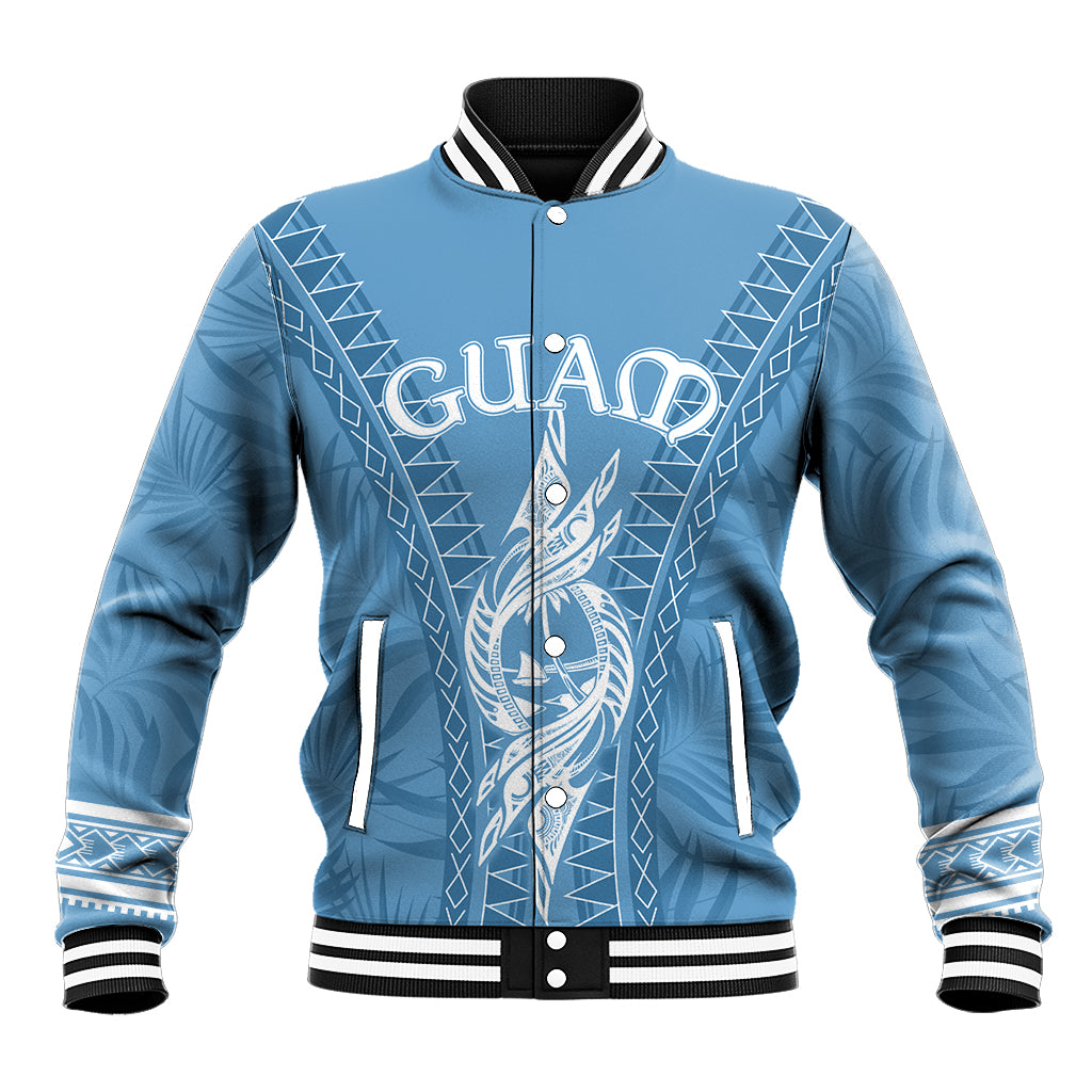 Blue baseball jacket with white geometric print, snap front, striped ribbed cuffs