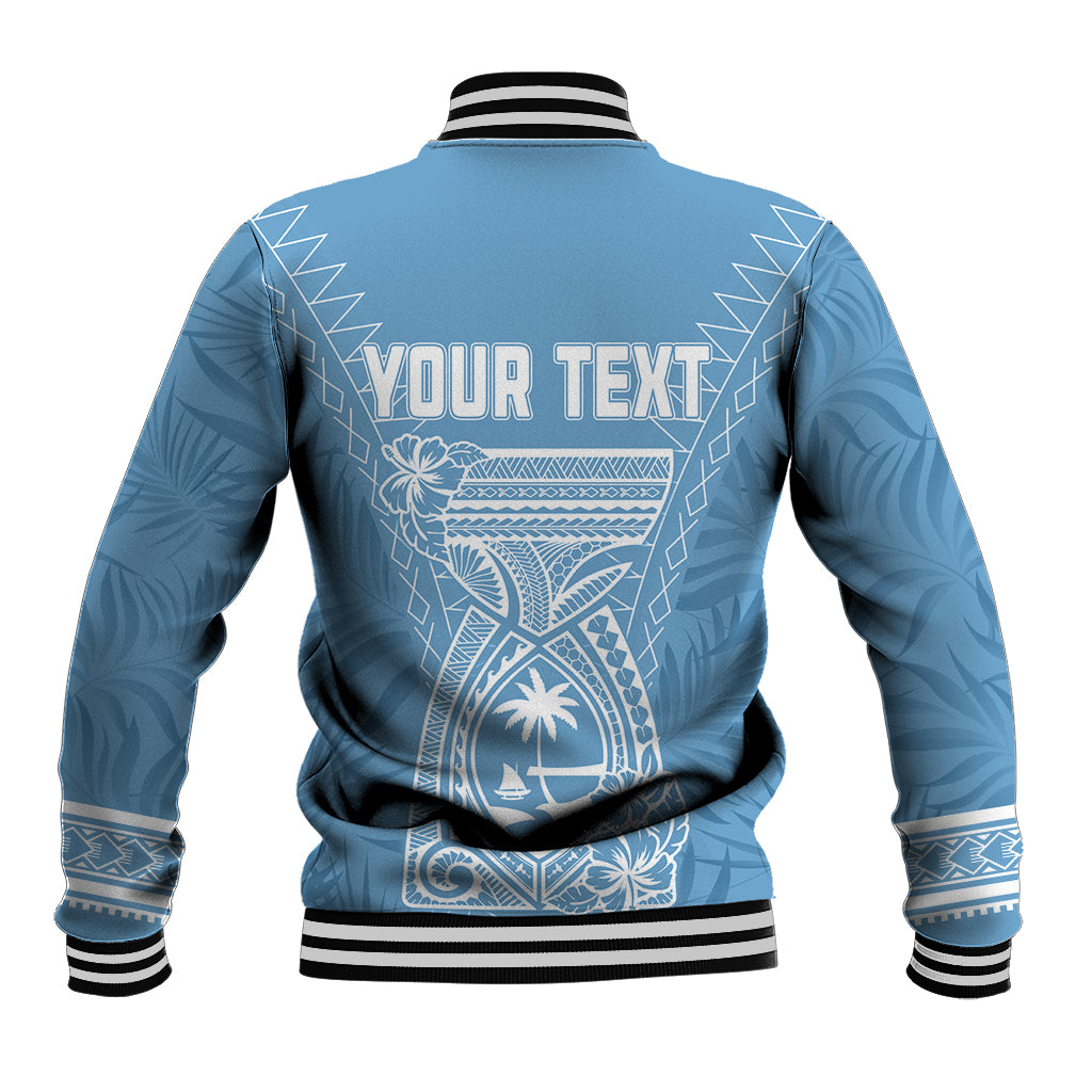 Blue baseball jacket back with white tropical print and 'YOUR TEXT' panel