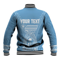 Blue baseball jacket back with white tropical print and 'YOUR TEXT' panel