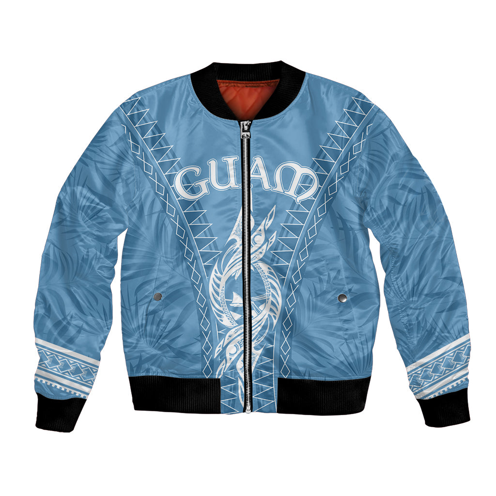 Blue bomber jacket with full-zip front, black ribbed collar/cuffs, and Guam-style graphic print