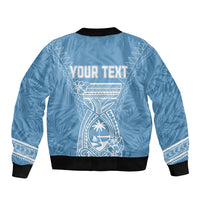 Blue bomber jacket back with centered graphic, black ribbed hem, and "YOUR TEXT" panel