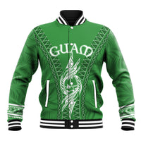 Green baseball jacket, black-and-white striped collar and cuffs, button front, white graphic