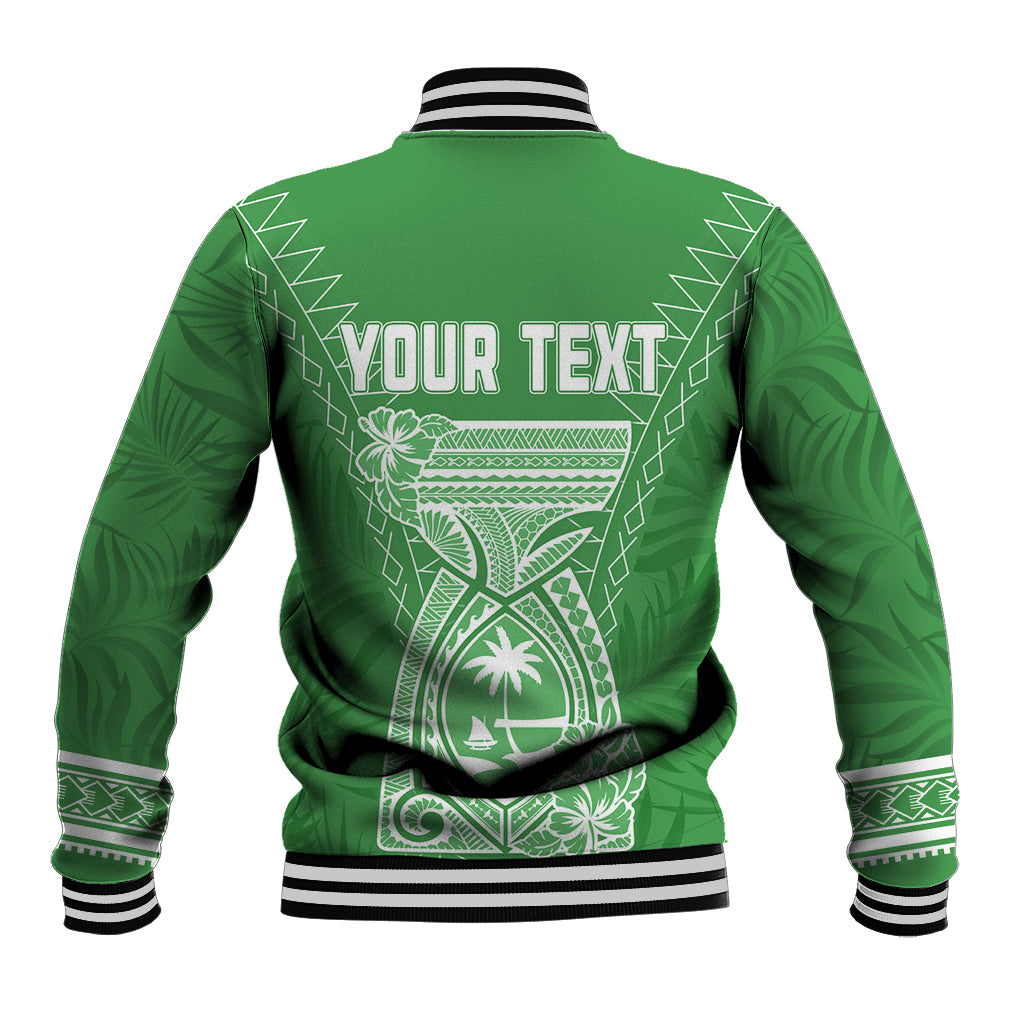 Green baseball jacket back with striped hem and cuffs, white geometric graphic, text area