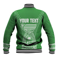 Green baseball jacket back with striped hem and cuffs, white geometric graphic, text area