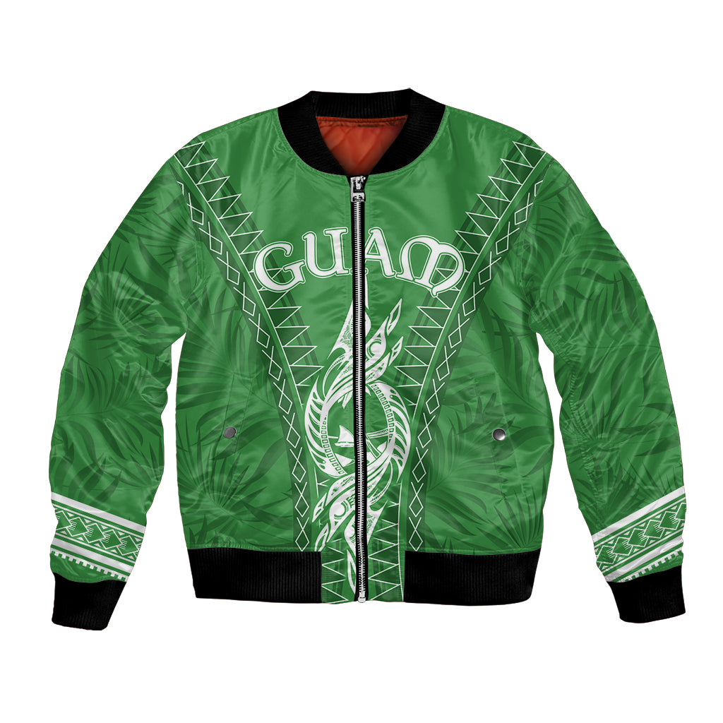 Green bomber jacket with black ribbed collar, front zipper, and white tribal print