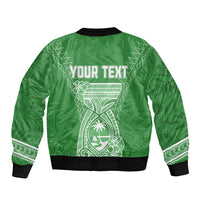 Green bomber jacket back with white tribal graphic and 'YOUR TEXT' at the top