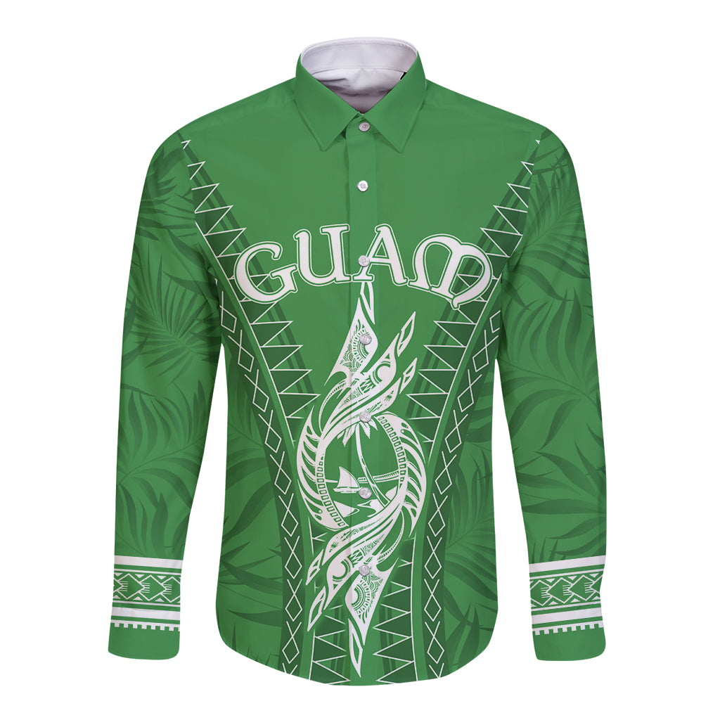 Green long-sleeve button shirt with white Guam-inspired graphic and pointed collar