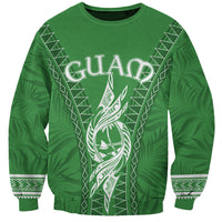 Green unisex crewneck sweatshirt with large white Guam-style print