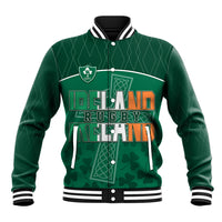 Green rugby baseball jacket with snap front and large crest graphic