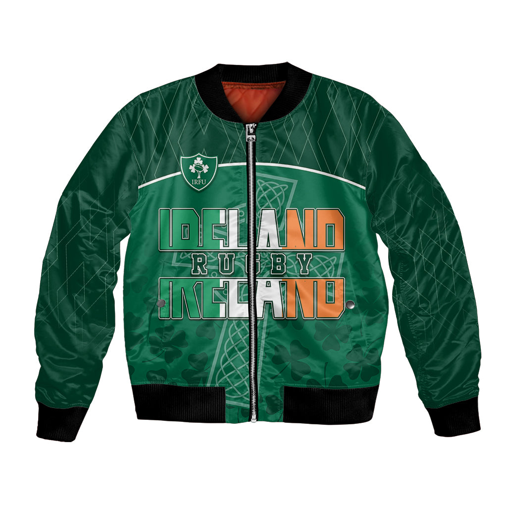 Green bomber jacket with zip front, ribbed cuffs, and Ireland rugby graphic crest on chest.
