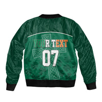 Green bomber jacket with zip front and ribbed hem, back features custom text and 07 graphic.