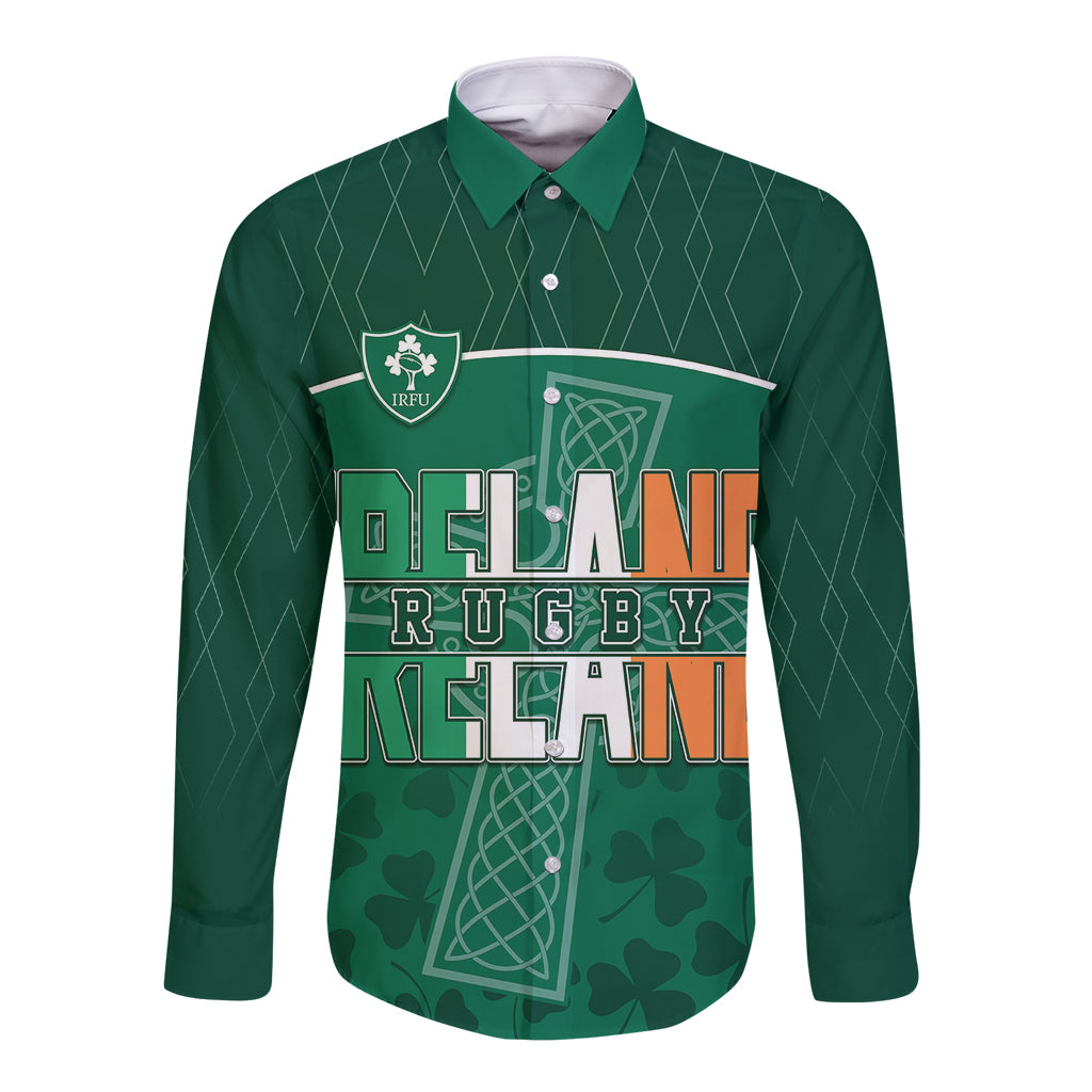 Green long-sleeve rugby button shirt with clover graphic and diamond pattern