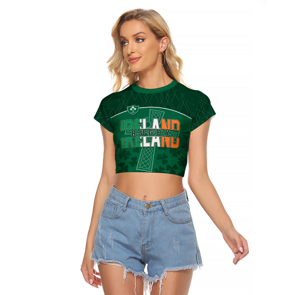 Personalised Ireland Rugby 2023 Raglan Cropped T Shirt Celtic Cross Mix Shamrocks - Wonder Print Shop