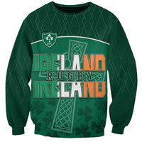 Green unisex rugby sweatshirt with Ireland Rugby graphic and shamrock pattern