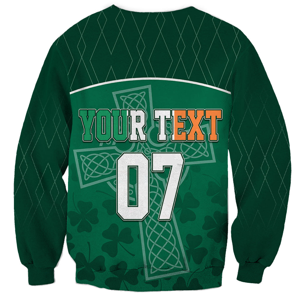 Green unisex rugby sweatshirt with personalized text and number 07 front print