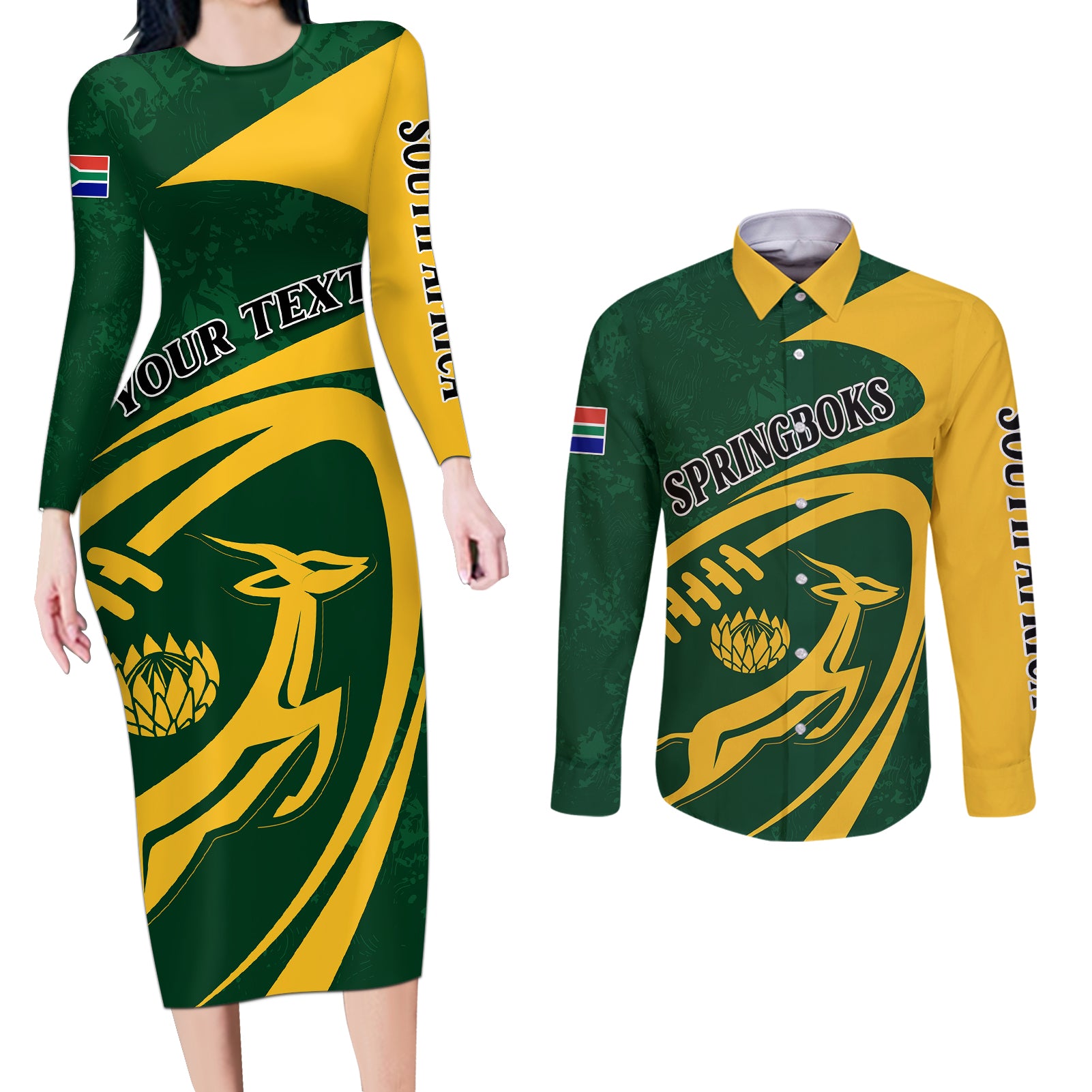 Personalised South Africa Rugby 2023 Couples Matching Long Sleeve Bodycon Dress and Long Sleeve Button Shirts Bokke Champions Sporty Dynamics LT7 - Wonder Print Shop