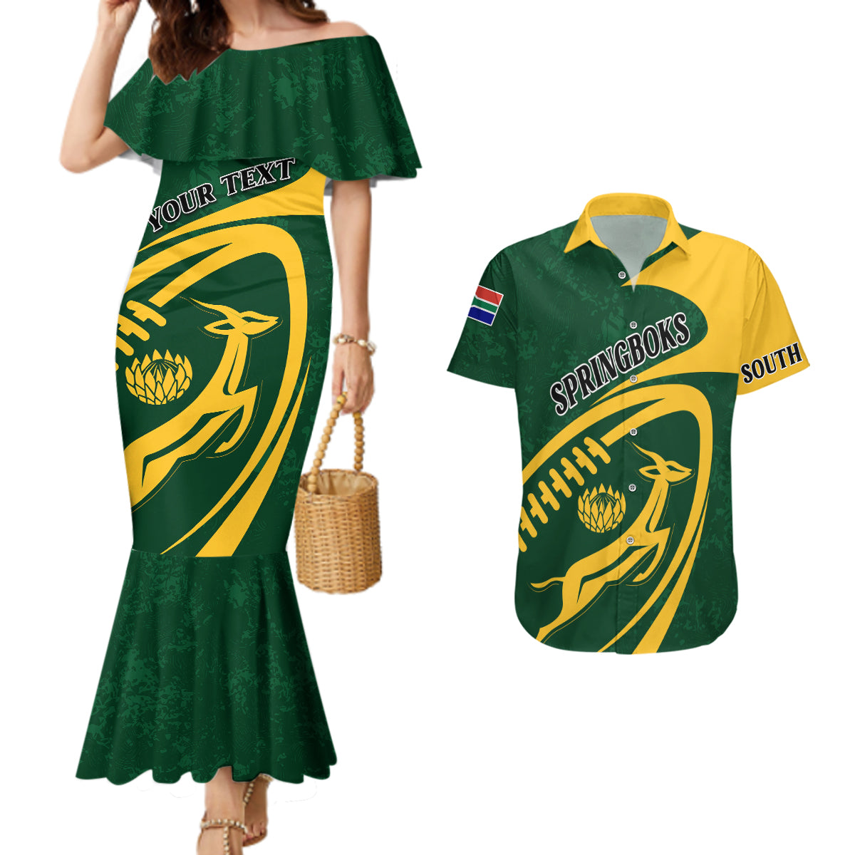 Personalised South Africa Rugby 2023 Couples Matching Mermaid Dress and Hawaiian Shirt Bokke Champions Sporty Dynamics LT7 - Wonder Print Shop